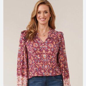 Democracy Burgundy Floral Blouse, Women's Medium